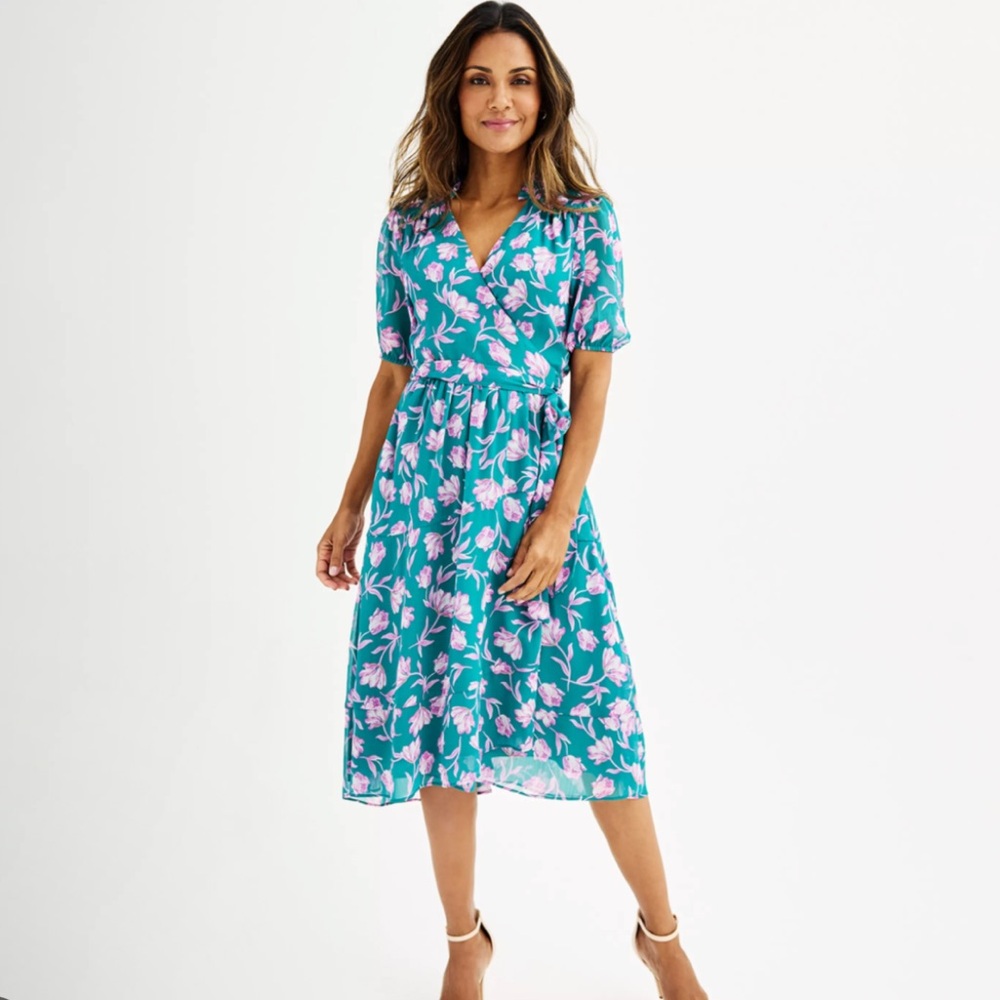 Draper James Size Medium Floral Teal Wrap Midi Dress - Women Spring/ Summer